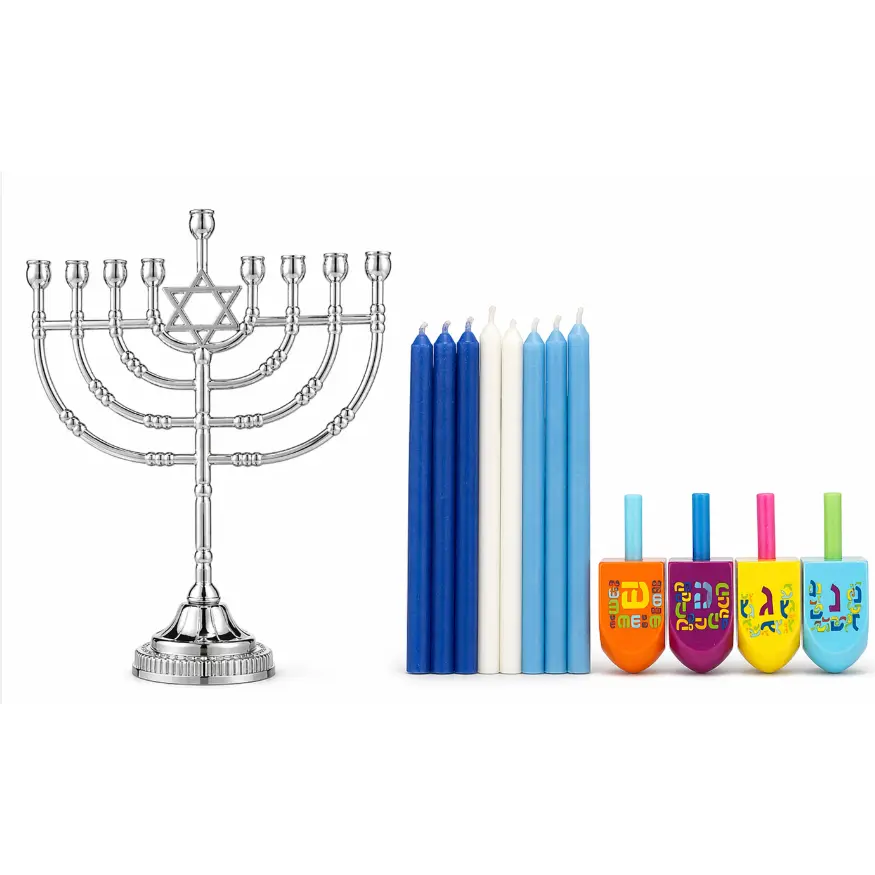Colorful Classic Hanukkah Decorative Candles Bundle Set - Menorah with Tiered Base, Hebrew Letters, Festival Lights, Elegant Tiered Base, Indoor Home Decor Supplies, Ideal Hanukkah Gathering Gift