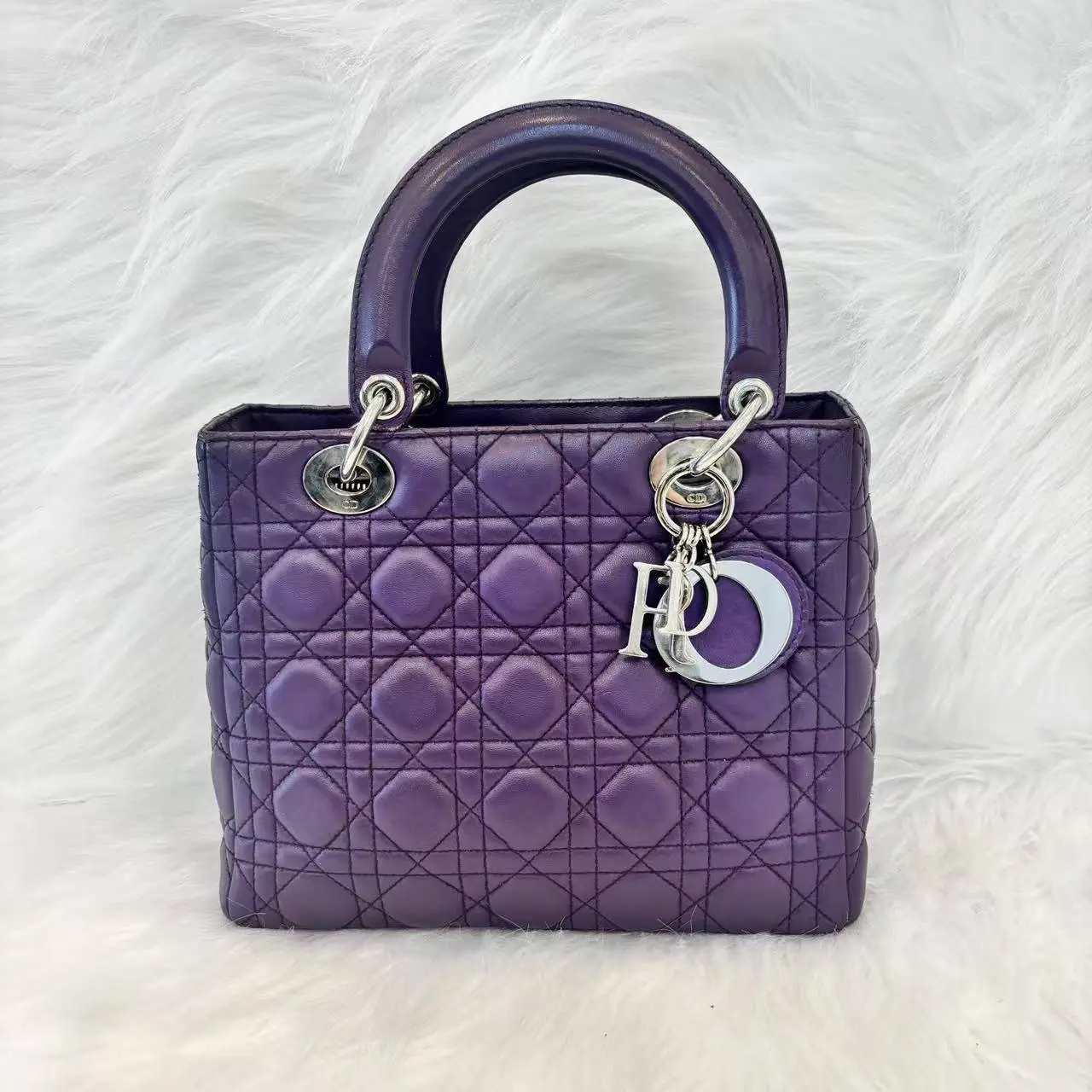 Pre-owned Dior Lady Violet Cannage Quilted Lambskin Handbag Silver Hardware D.I.O.R Charms