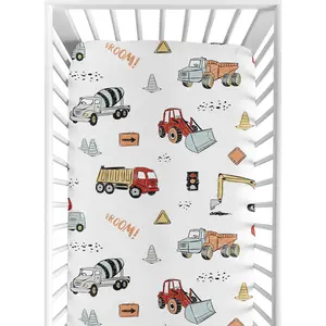 Sweet Jojo Designs Fitted Baby Crib Sheets (Red Construction Truck) for Boys, Infant Nursery, Toddler Room - Standard Size (Transportation, Bulldozer, Tractors, Cranes, Blue, Grey & Yellow, Trucks)