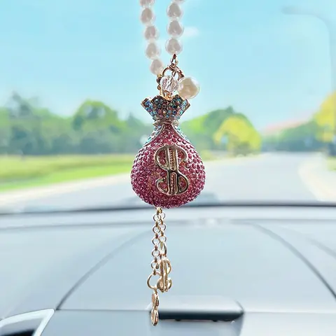 Creative Diamond Dollar Bag Rearview Mirror Car Hanging Ornament, Fashionable Us Currency Car Accessory, Pearl Interior Pendant, Car Hanging Decoration, Car Trinkets, Car Ornaments, Boujee Car Accessories