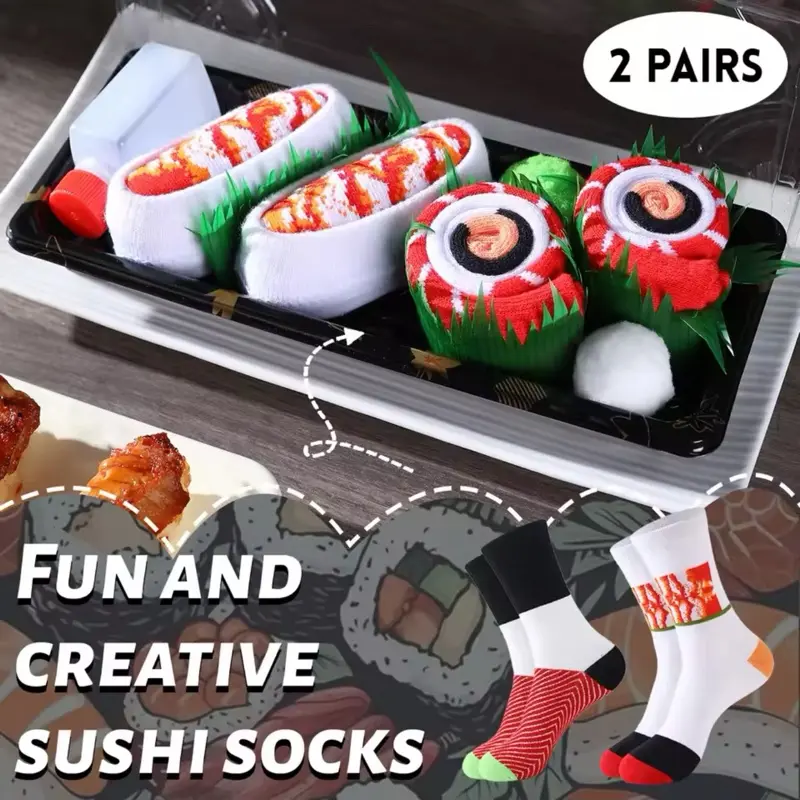Fun and Creative Sushi Socks 2 Pairs Mid-Calf for Men Women Novelty Colorful Salmon Sushi Gift Box European American Fashion Trendy Comfortable Breathable Party Casual Valentine's Day Christmas