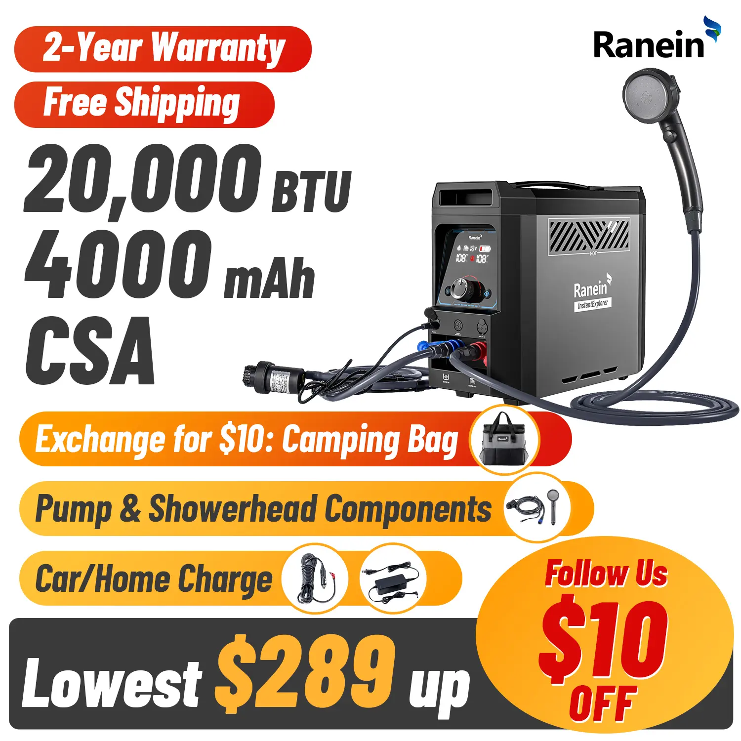 Ranein Portable Camping Water Heater (Carry Handle Model), Propane On-Demand Camping Water Heater, Built-in 4000mAh 1.5-Hour Rechargeable Battery, Compact Outdoor Instant Shower Heater