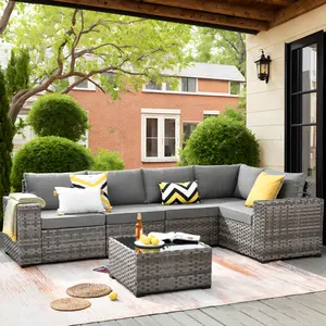 【2 Packages Shipping】Ovios 6 Pieces Patio Furniture Set Outdoor Sectional Sofa Couch with Comfy Cushions and Deep Seat, Modern Modular Wicker Rattan Conversation Set