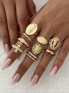 10-Piece Fashion Hip-Hop Crown Portrait Ring Set, Vintage Style Cross Joint Rings, Trendy -Inspired Jewelry Collection, Stackable Finger Rings, Unique Rings
