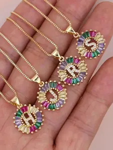 Fashion Colorful Rhinestone Decor Letter Design Pendant Necklace, Hollow Out Round Pendant Necklace for Women, Fashion Jewelry for Clothing Decor, Fashion Jewelry Accessories