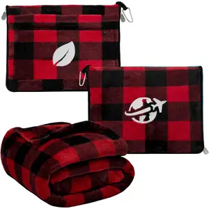 Travel Blanket and Pillow, Arms Opening Airplane Blankets for Adults, Compact Plane Blanket with Arm Hole 2-in-1 Bag for Flight  Camping Luggage Backpack Traveler , Checkered Red