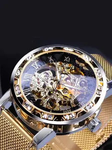 Elegant Men's Analog Mechanical Watch with Rhinestone Accents, Rhinestone Decorated Watch, Hollow Mesh Band, Stainless Steel & Zinc Alloy Case, All Seasons Wear, Mechanical Movement, Rhinestone Wristwatch, Rhinestone Watches