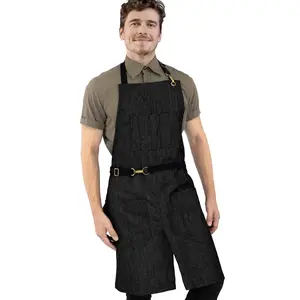 Denim Apron - Easy-Fastening, Leather Trim, Adjustable - Chef, Bartender, BBQ, Shop, Barber, Salon