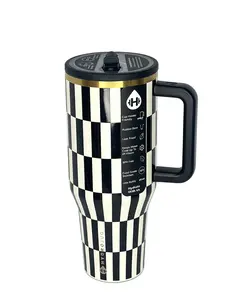 HydroJug 40oz Retro Black & White Checkered  Travel Mug, Insulated Stainless Steel Leak-Proof Water Bottle With Handle, Portable Drinkware For Hot And Cold Drinks