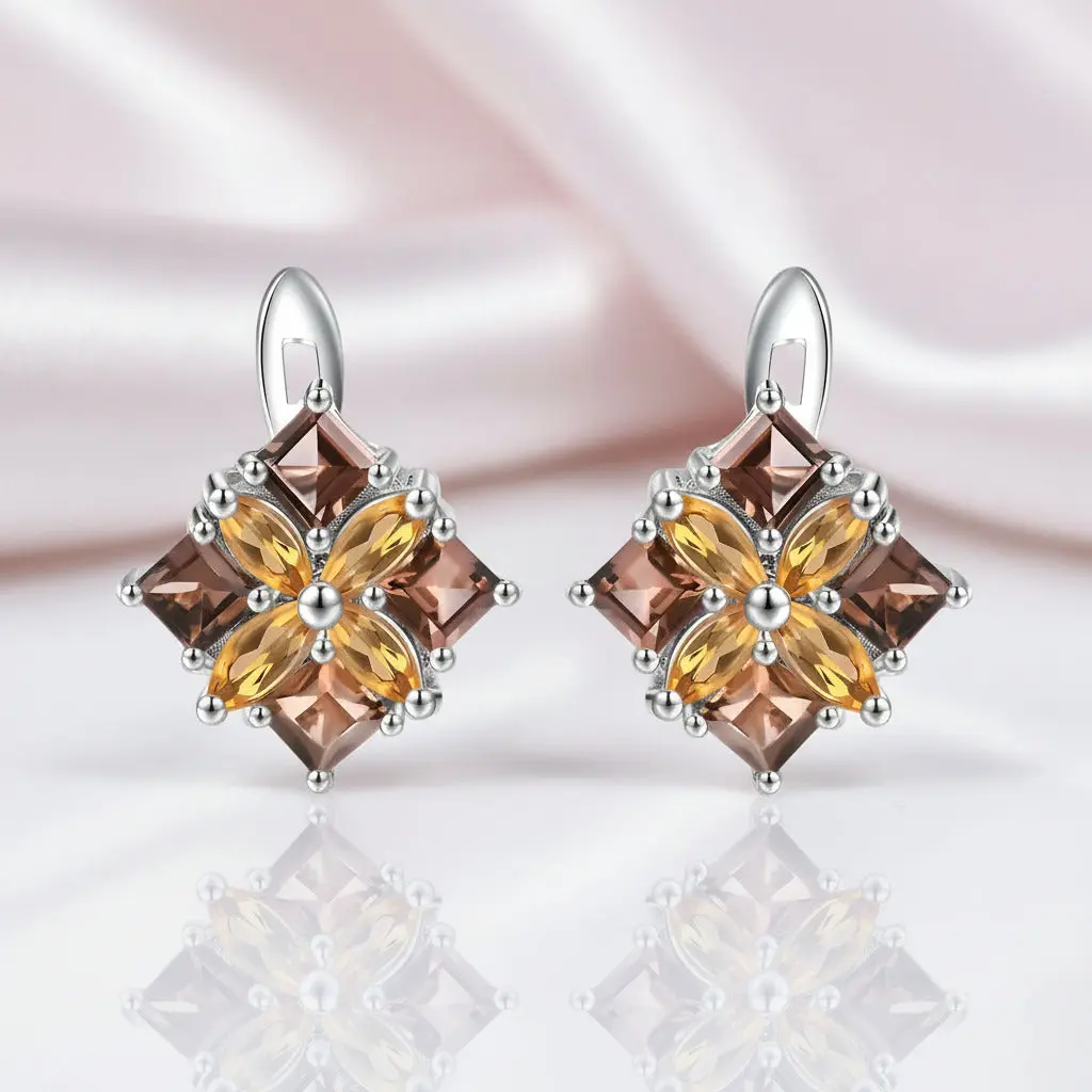 Citrine & Smoky Quartz Flower Stud Earrings