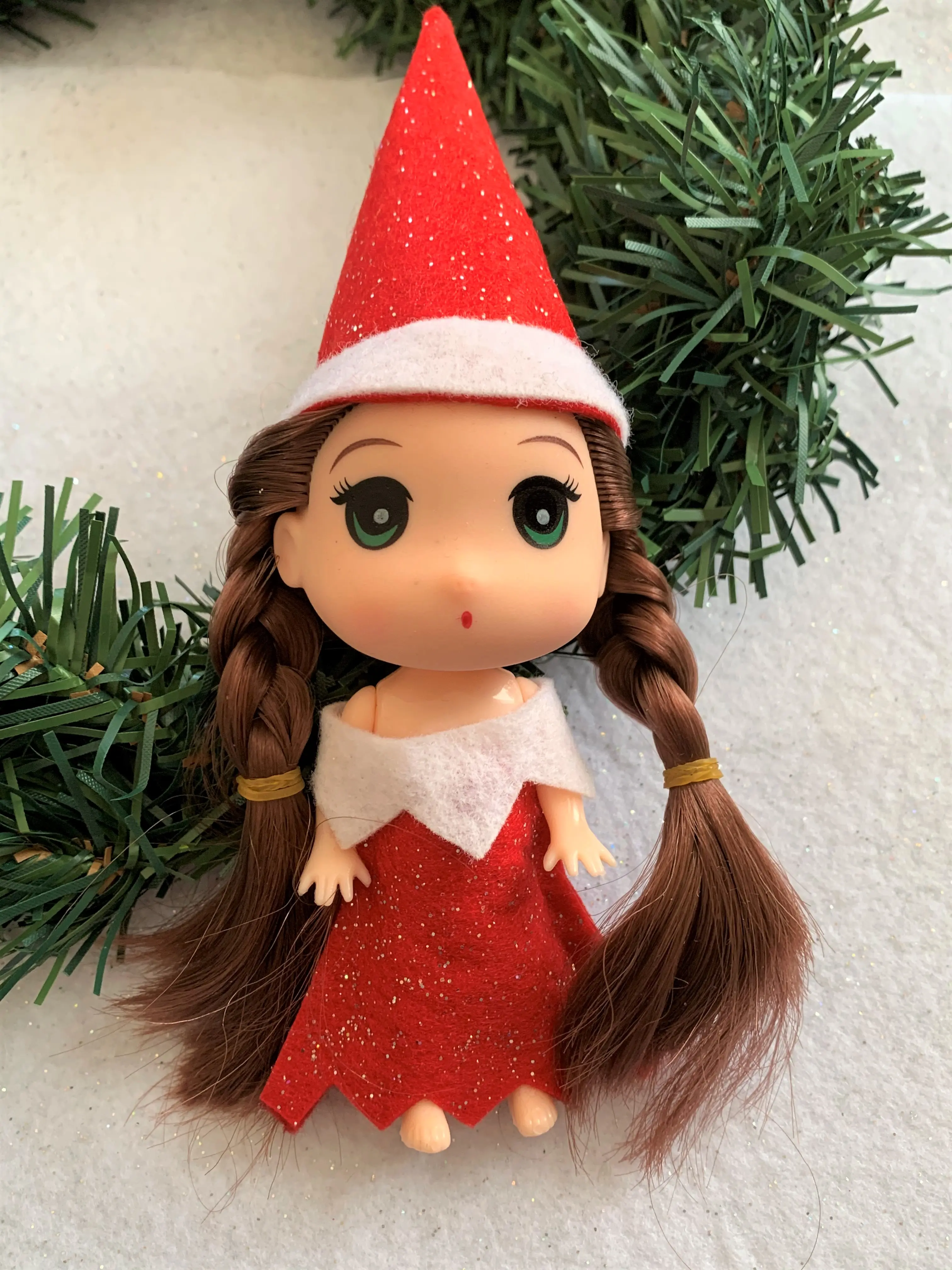 Red Toddler Elf Figurine with Dark Braids, Christmas Elf, Holiday Elves