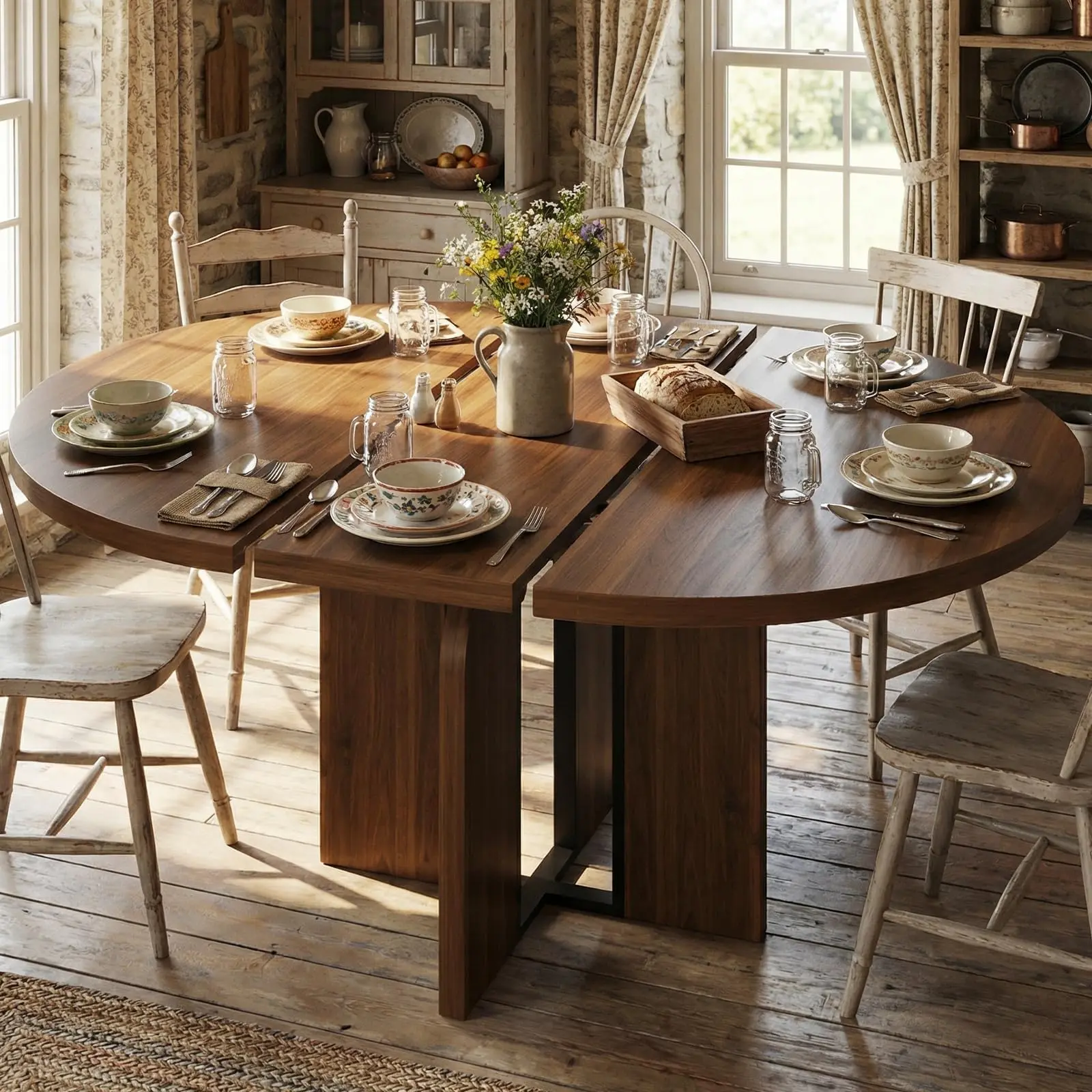 Rustic Farmhouse Extendable Round-Oval Dining Table - 47"-63" Oval, Wood Top with Metal Frame, Self-Storing Extension Leaf, Space-Saving, Seats 4-8, Indoor Dining Furnishings for Apartment (Chairs Not Included)