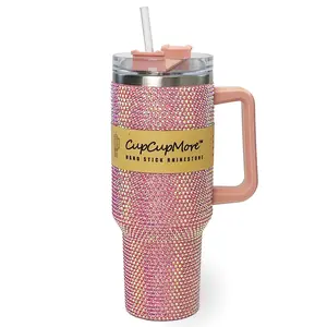 Cupcupmore 40 oz Pink Bling Rhinestone Stainless Steel Sippy Tumbler Glitter Vacuum Insulated Thermal Water Bottle with Straw & Lid &Handle,Sparkle Car Cup Holder,Keeps Cold 12 Hours Drinks,Coffee