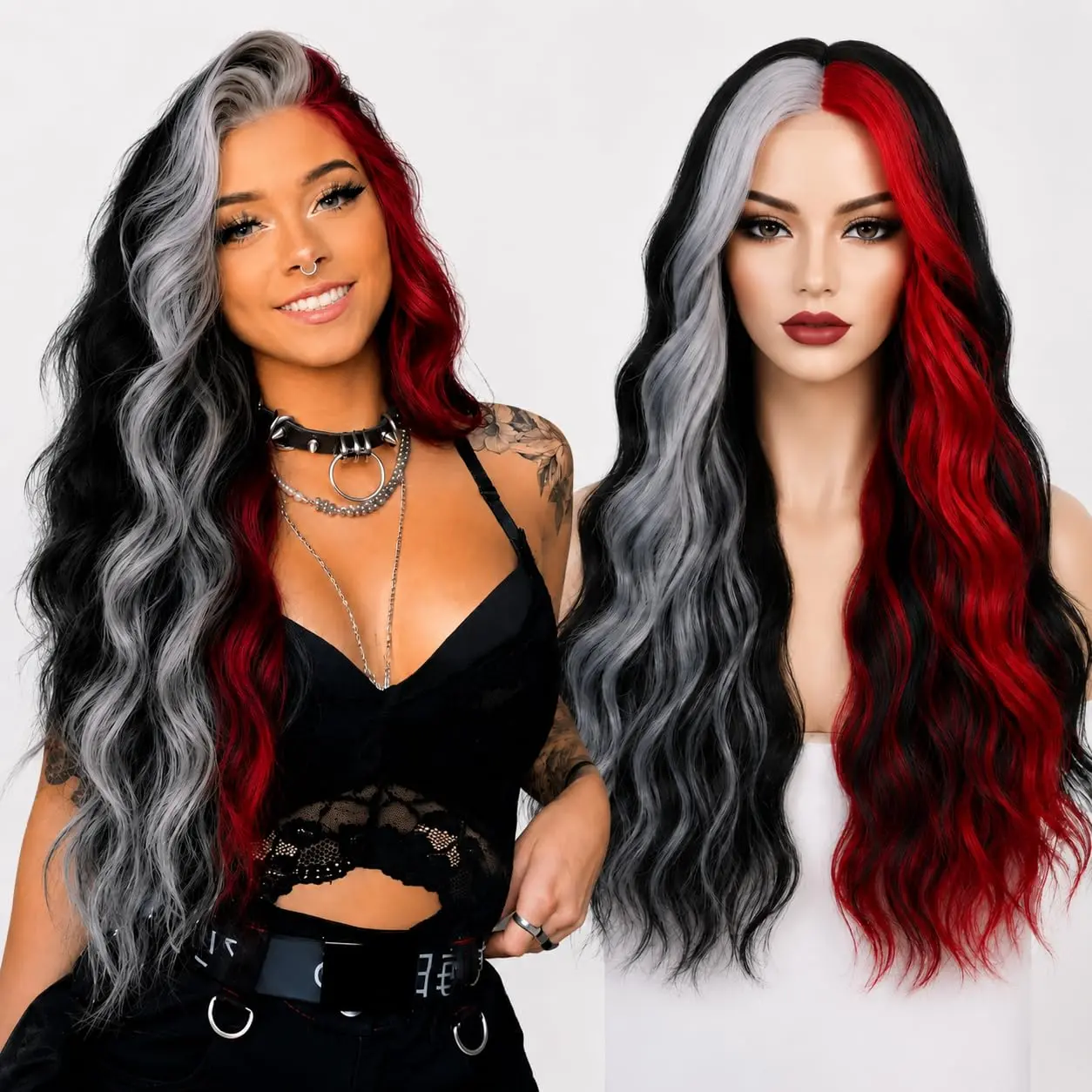 ZIHAN Women's 28-Inch Split-Color Long Wavy Synthetic Full Machine Wig, Black-Red-Gray, for Halloween Cosplay Costumes, Wigs