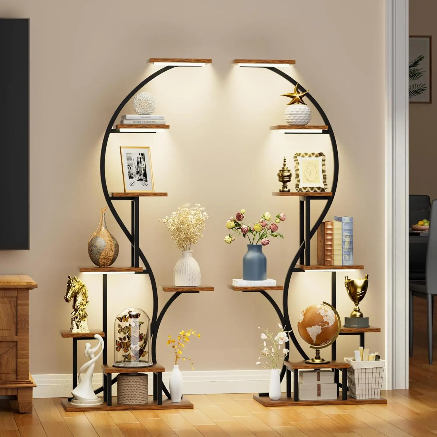 Corner Shelf Stand with Light Display Shelf Cabinet for Collectibles 65 Tall LED Book Shelves Bookshelf Moon Shaped Display Case Corner Rack Standing Shelf for Bedroom Living Room Decor Pot Set Plant