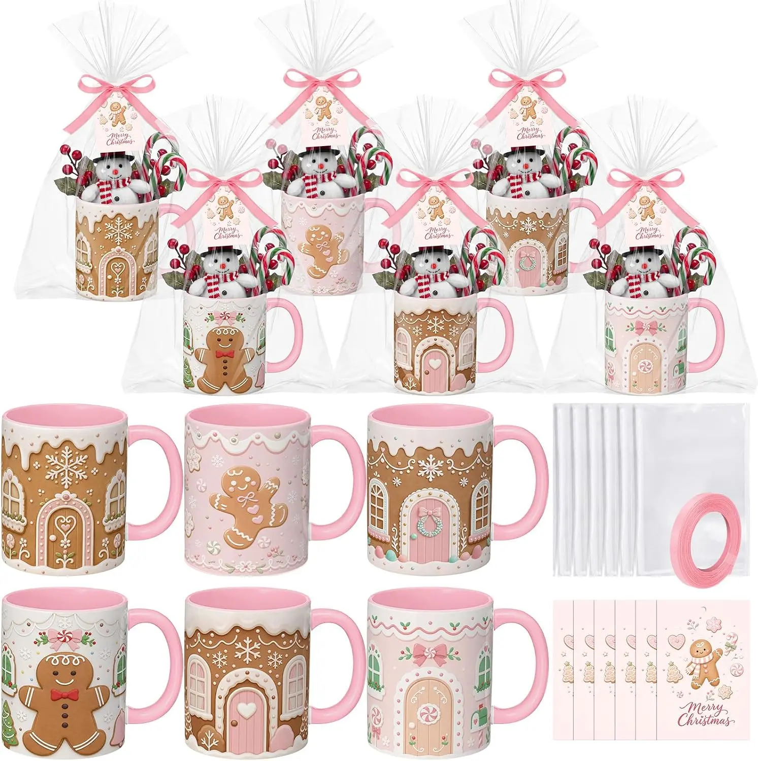 6 Pcs Christmas Mug Gift Set with 6 Ceramic Gingerbread Mugs Holiday Greeting Cards Clear Cellophane Bags and Pink Ribbon for Christmas Holiday Gifts for Friends Family Teachers Coworkers