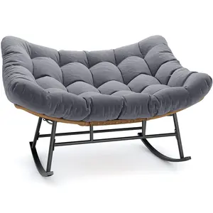 Double Outdoor Rattan Rocking Chair with Thick Cushion Grey