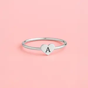 Elle Heart Ring | Dainty Personalized Custom Initial Ring | Sterling Silver Family Mothers Friendship Stackable Ring Band