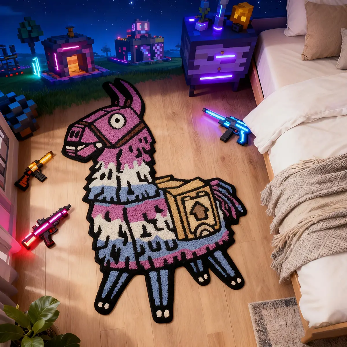 Pixel Art Llama Chest Handmade Tufted Plush Rug, Cozy Area Rug, Video Game Rug, Gaming Room Bedroom Bedside Large Size Cartoon Decorative Blanket, Soft Skin-Friendly Comfort