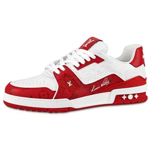 LOUIS VUITTON Trainer Low '#54 Mini Monogram Red & White Leather Sneakers by Virgil Abloh Soft Leather Design with Color Accents unisex Casual Sports Shoes Training Athletic Footwear