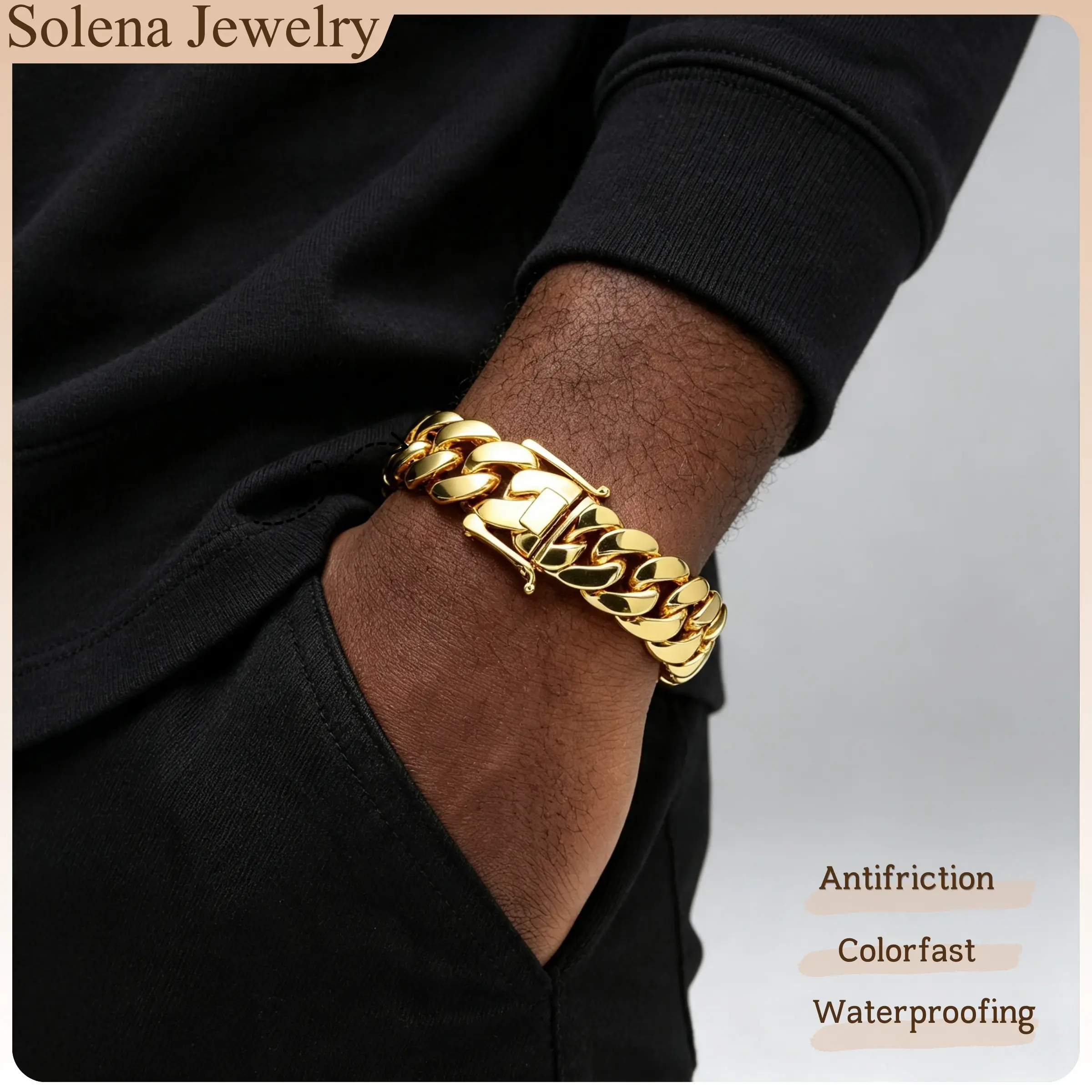 Men's 14K Gold Plated Cuban Link Chain Bracelet, Heavy Solid Miami Cuban Jewelry, Stainless Steel Waterproof No Tarnish Bracelet, Hip Hop Streetwear Jewelry Gift,High Quality Jewelry Bracelet
