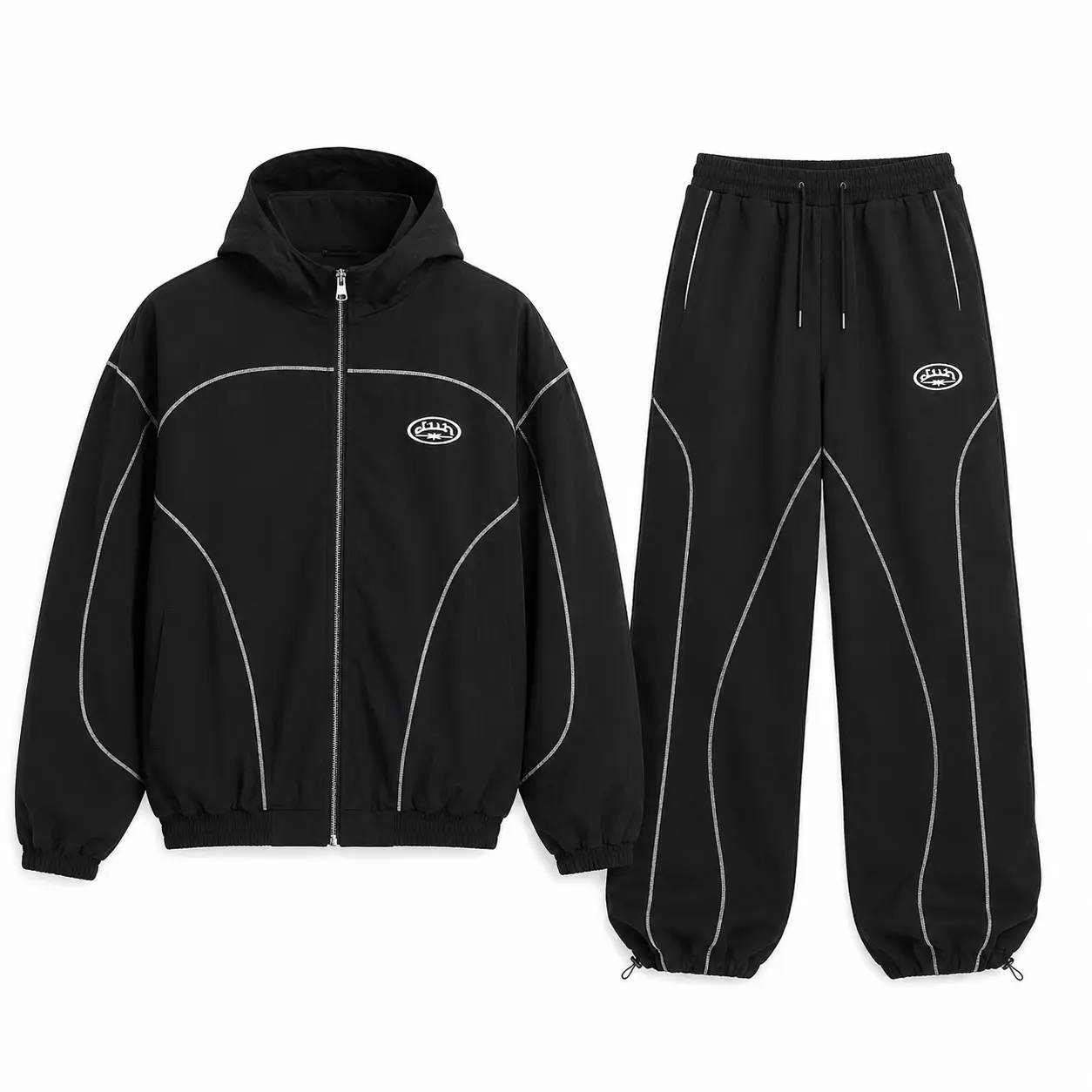 Men’s Black 2-Piece Tracksuit Set, Zip-Up Hooded Jacket & Wide-Leg Jogger Pants with Contrasting Piping for Y2K Streetwear
