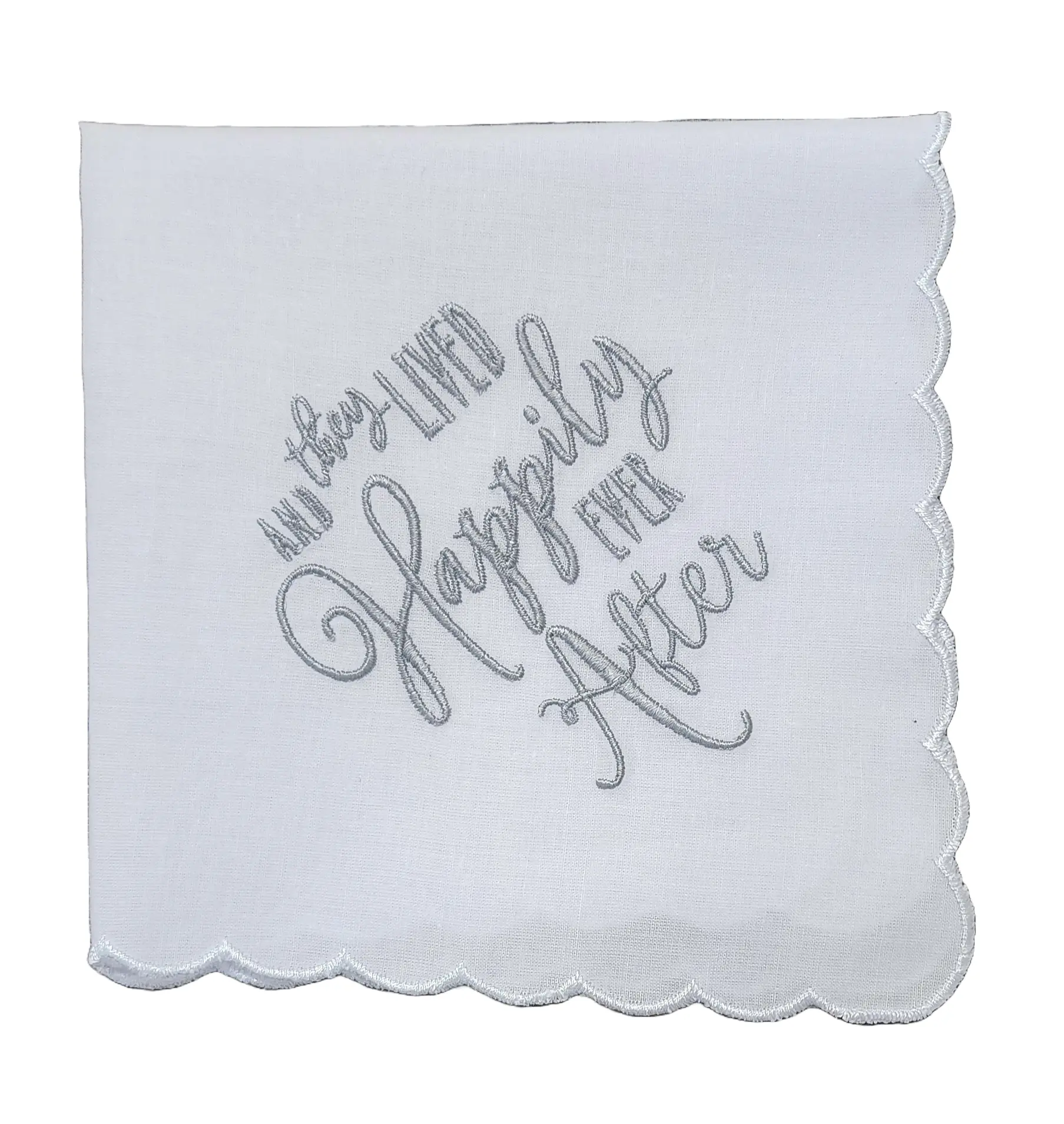 HAPPILY EVER AFTER Embroidered Scalloped Edge Handkerchief - Silver