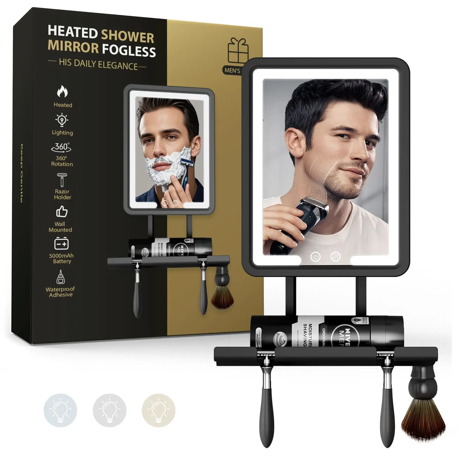 LC-dolida Heated Anti-Fog Bathroom Mirror - LED Dimmable Lighted Mirror, 5000mAh Rechargeable, Razor Holder, Wall Mount, Ideal Gift for Men, Led Dimmable Mirror