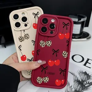 Leopard Cherry Pattern TPU Phone Case for iPhone 17/15 16 14 Pro Max 13 12 11  XS Plus E Shockproof Non Slip Military-Grade Protection Silicone Cover Smartphone Casing