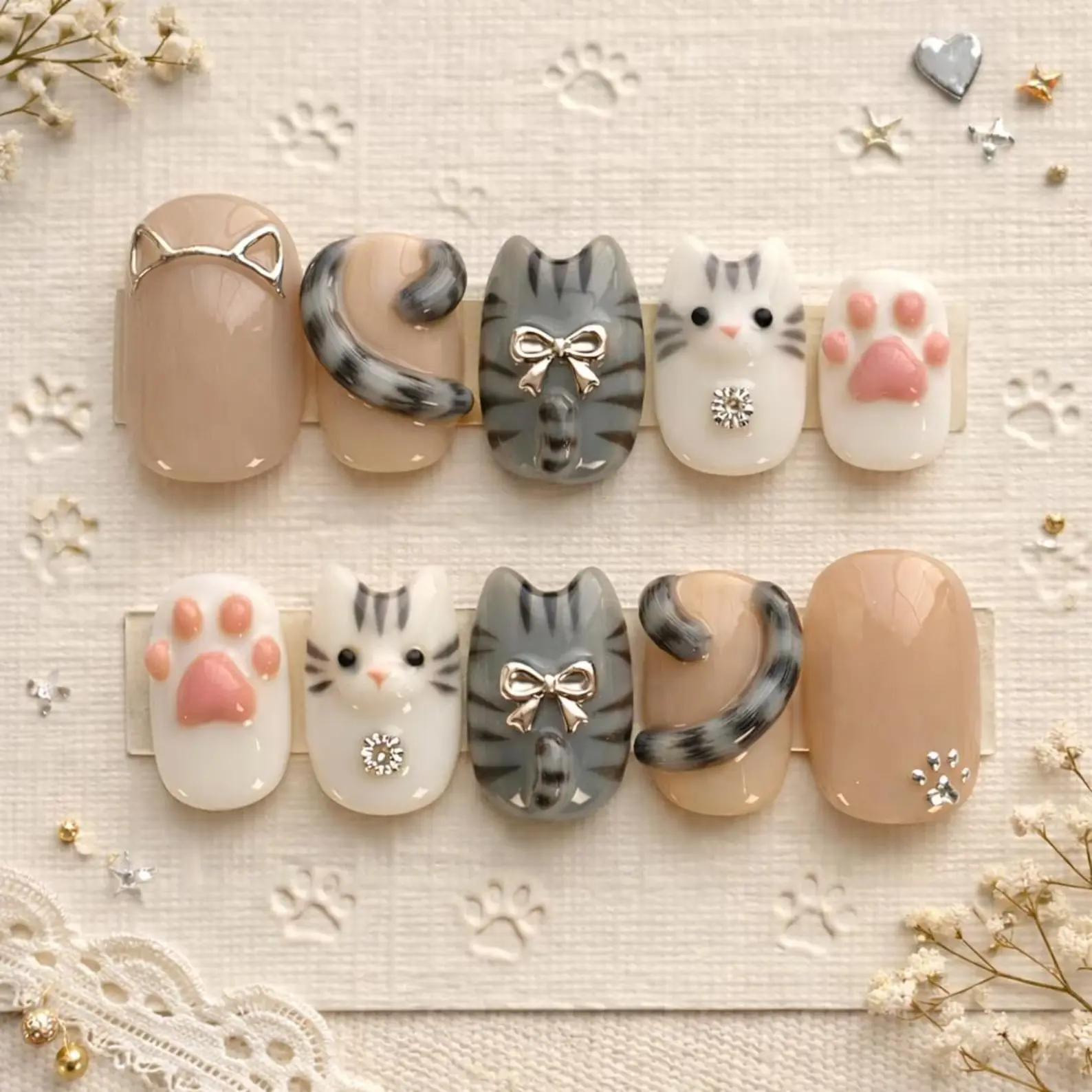 3D Cat Paw and Tail Press On Nails | Grey and White Tabby Custom Fake Nails | Kawaii Animal Nail Art
