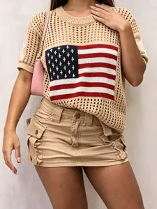Women's Elegant American Flag Print Hollow Out Knit Top, Knitwear Summer Casual Short Sleeve Round Neck Tee, Loose-Fitting Blouse for Vacation