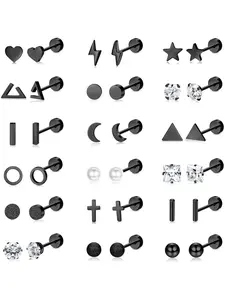 18 Pairs Black Small Surgical Stainless Steel Stud Earrings for Women Men Cross Moon Star Small Stud Earrings Shining CZ Opal Screw Flat Back Earrings Ear Piercing Studs Set 20G Cartilage Earrings Studs