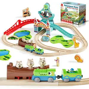 Lehoo Castle Amusement Park Wooden Train Set, Train Set for kids with Electric Train, Wooden Train Track for Kids with Tracks & Accessories, Montessori Toys for Boys & Girls, Birthday Halloween & Christmas gifts