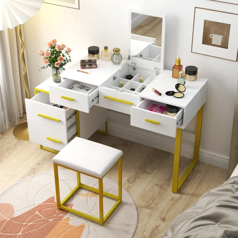 [Bellemave]Makeup Vanity Set with Mirror , Dresser Table with Nightstand , with 4 Drawers