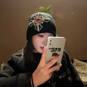 Colorful Gemstone Cross Stitch Four-Leaf Clover Earmuffs Wool Hat Street Hip-Hop Style Unisex Knitted Beanie for Fall Winter Outfits with Hand-embroidered Diamond Motif - Embroidery