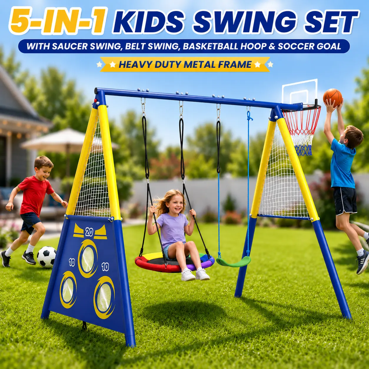 5-in-1 Kids Swing Set for Backyard, Heavy-Duty Metal Outdoor Play Set with Saucer Swing, Belt Swing, Kid Slide, Basketball Hoop & Soccer Goal, Backyard Playground Equipment for Kids Ages 3-10, Outdoor Playset & Family Fun