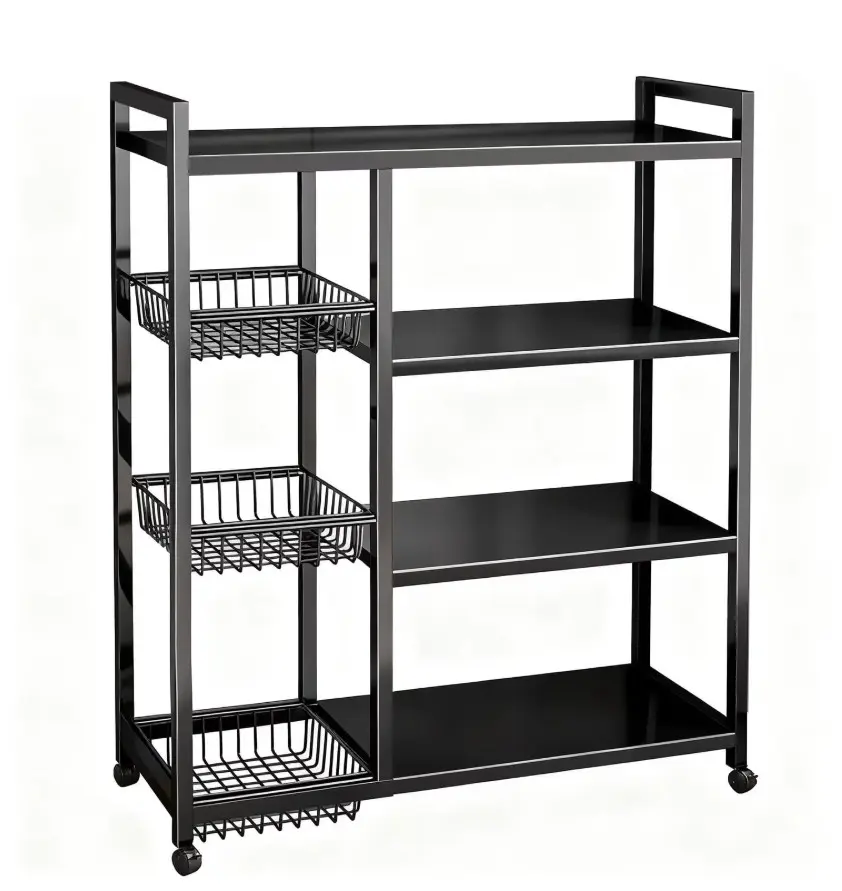 Movable Wire Rack, Heavy-Duty 4-Tier Storage Shelf with 3 Baskets and Wheels, Metal Shelves Organizer for Kitchen, Bathroom, Office, Garage, 31.5''L*12.6''W*42.5''H