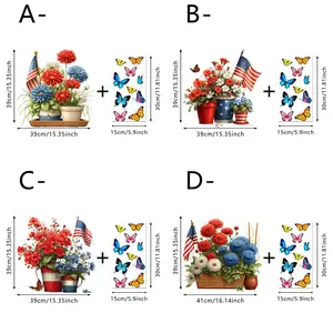 4th of July Flower Window Clings, Patriotic Red White Blue Floral Static Decals, USA Flag Vase with Butterfly Removable Stickers for Independence Day Home Glass Door Decor outdoorfun
