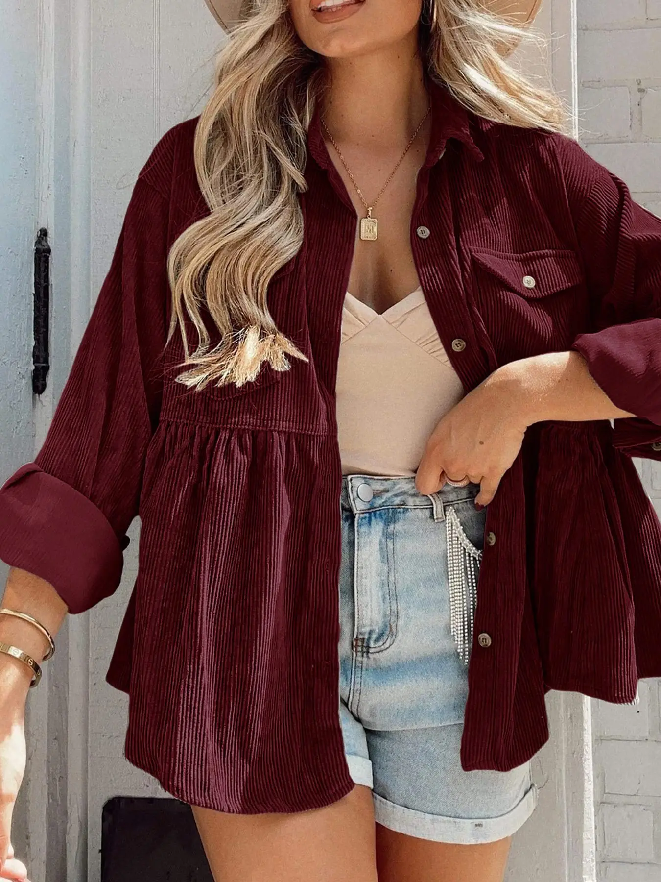Women's Plain Button Front Flap Pocket Corduroy Jacket, Jackets for Women, Casual Long Sleeve Collared Outerwear, Ladies Shirts, Summer Outfits 2024,