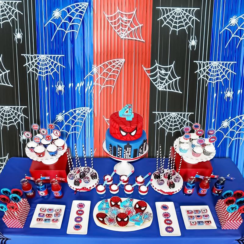 Spider Web Birthday Decorations 3 Pack - Spider Party Supplies 3.3x6.6ft with Pre-Strung Banner - Tinsel Foil Fringe Curtain Backdrop, Spidey Birthday Decorations with Red Blue Black Streamers for Boy