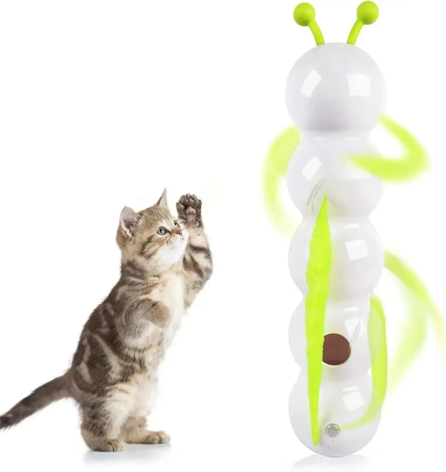 Interactive Cat Feather Toy - Suction Cup Caterpillar Whack-A-Prey, Motion Sensor, Automatic Fluffy Tail Teaser, USB Rechargeable, 1.08 lbs, 2.5H Charge, 3.4x3.5x15.7in, Improves Hunting Abilities, Indoor Cat Play Accessory
