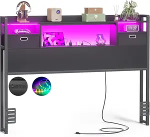 Cyclysio King/Queen/Full/Twin Size Headboard with Drawer Storage and LED Light, Wood Headboard Only for Full Bed with Power Outlet and Bookcase, Sturdy Full Size Head Board for Bedroom, Dorm Room, Guest Room