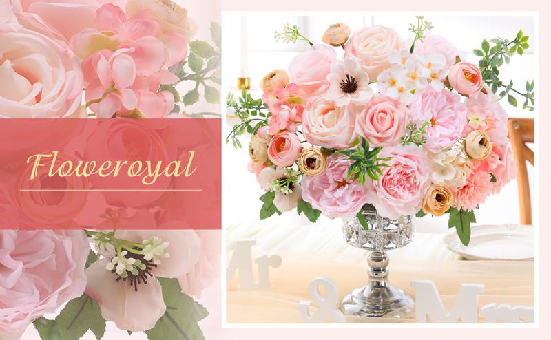Floweroyal Artificial Flowers Combo Pink Flowers Mix Silk Flowers Roses Peonies with Stems for DIY Wedding Bridal Bouquets, Baby Shower, Floral Arrangement, Table Centerpieces, Home Decorations