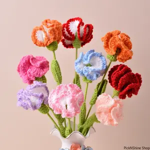 Handmade Crochet Carnation Artificial Flower Bouquet - Realistic Knitted Decorative Floral Ornament, Mother's Day Gift for Home Indoor Table Decoration