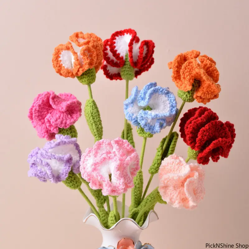 Handmade Crochet Carnation Flower Bouquet - Decorative Artificial Floral Ornaments for Mother's Day Home & Table Decor Fashion Accessory Set, Flowers, Carnations, Table Decoration, Synthetic Fiber, Home Setting, Fashion Unisex, Basic
