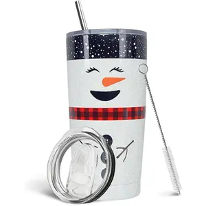 20 oz Leakproof Vacuum Insulated Tumbler - Stainless Steel Drinkware with Portable Lid, Straw, Festive Snowman Design for Holiday Christmas Gifts, Travel Mug