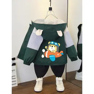 Boy's Cartoon Bear & Airplane Print Hooded Jacket, Casual Long Sleeve Zip Up Outerwear for Daily Wear, Kids Clothing for All Seasons