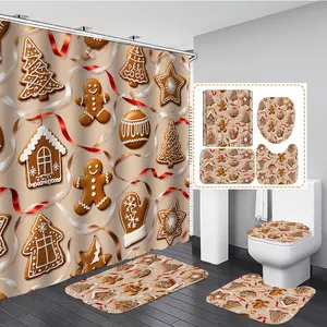 1/3/4PCS Christmas Style Gingerbread Cookies with Ribbons Shower Curtain Set with Rugs, Non Slip Bath Mat, U-Shape Carpet, Toilet Lid Cover, Polyester Fabric Bathtub Curtain Accessories, 12 Hooks, Home Bathroom Festival Decor