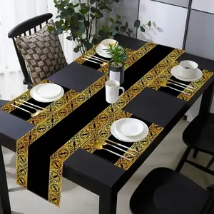 1 piece/5 piece/7 piece set, luxurious black gold checkered table runway and placemat set, linen rectangular placemat, machine washable, suitable for dining, home decoration, gifts, party decoration