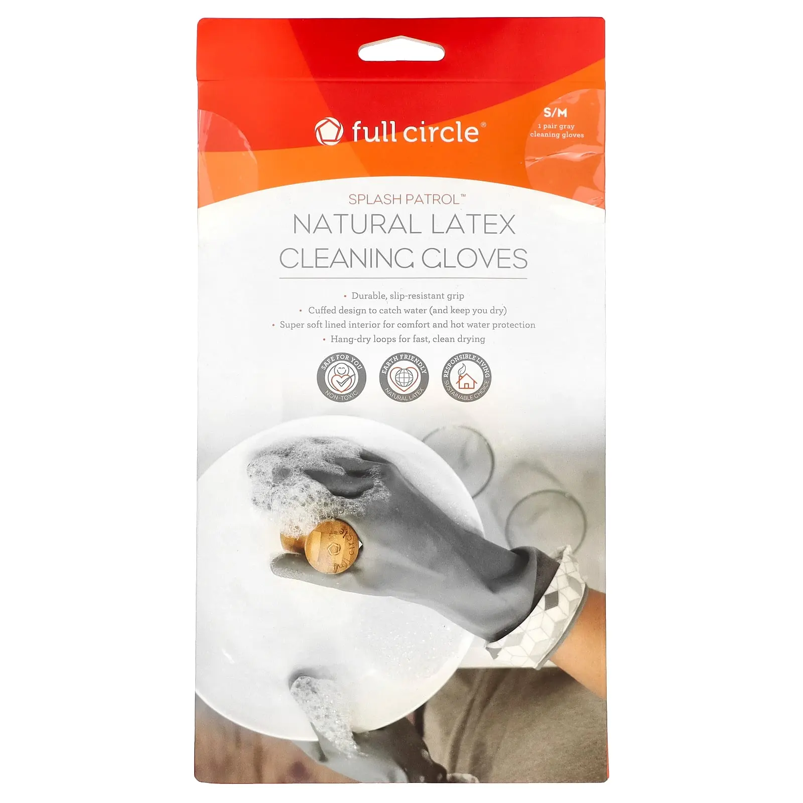 Full Circle Splash Patrol™, Natural Latex Cleaning Gloves, S/M, Grey, 1 Pair